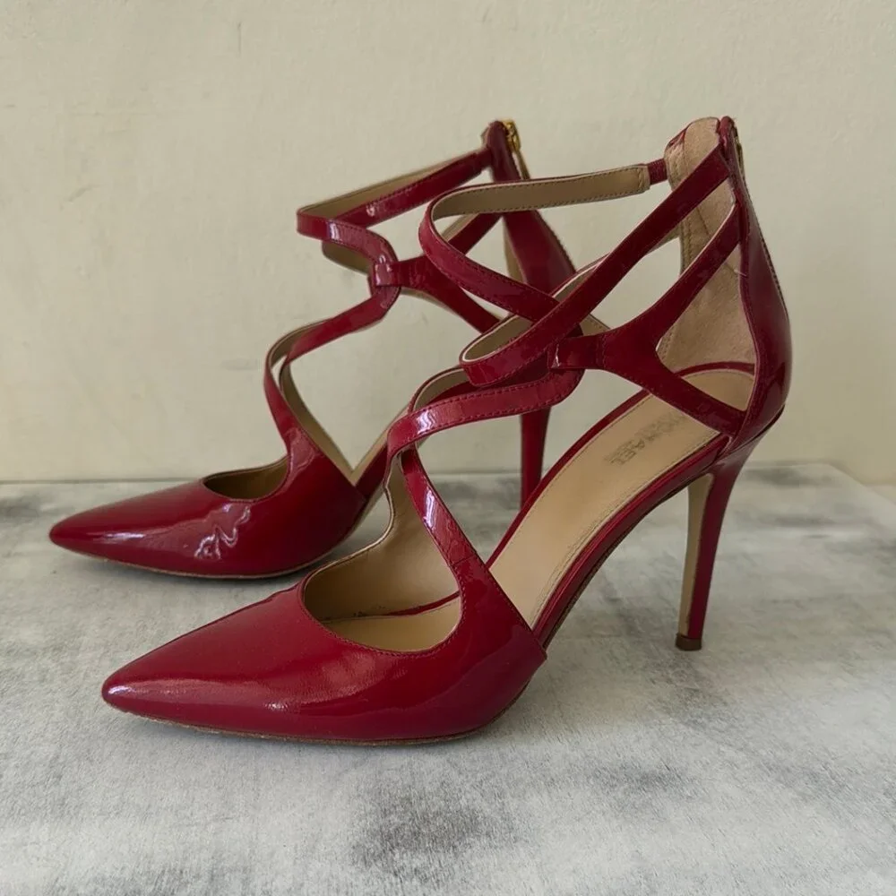 MICHAEL KORS Catia Red Pointed Toe Strappy High Heels 4" Patent Leather Sz.8 - Picture 5 of 15